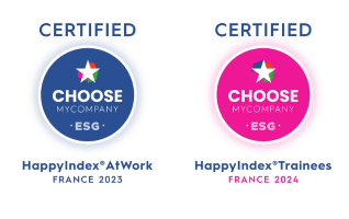 Alteca : labels HappyIndex At Work 2023 (bleu foncé) et HappyIndex Trainees 2024 (rose) délivrés à Alteca par l'organisme Choose My Company