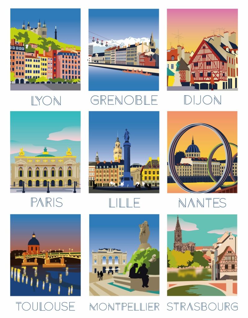 Vignettes colorées illustrant les villes où les agences d'Alteca sont présentes. Dans l'ordre :  Lyon, Grenoble, Dijon, Paris, Lille, Nantes, Toulouse, Montpellier et Strasbourg.