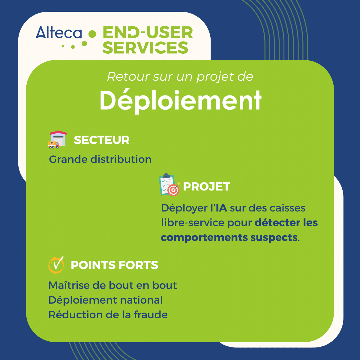 Visuel illustrant l'article au sujet du déploiement grande distribution, avec des chiffres clés projet pour un projet de déploiement