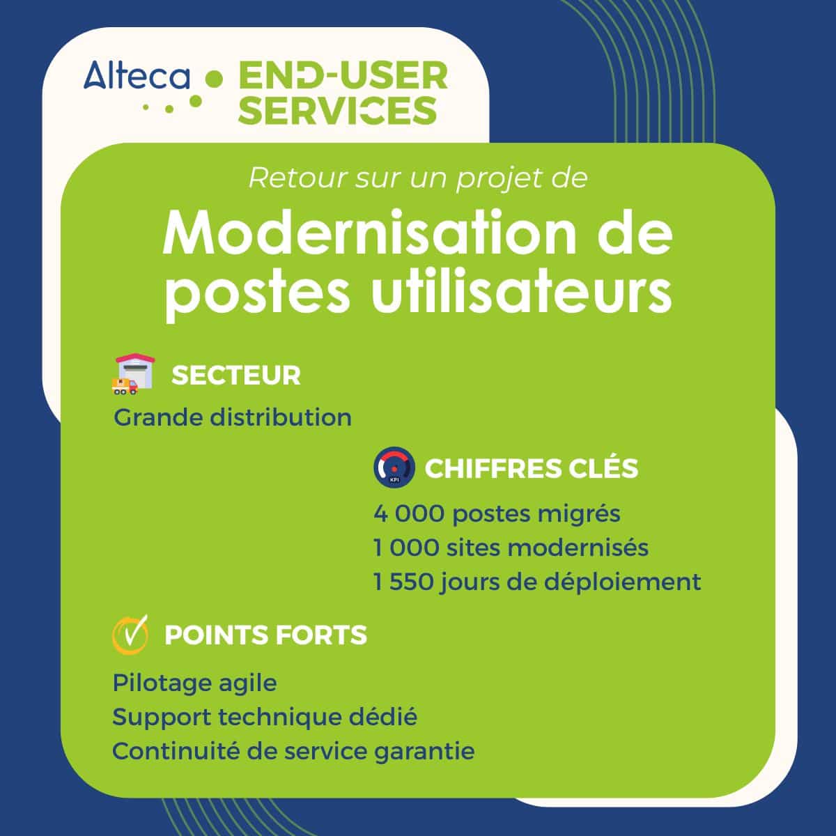 Visuel illustrant l'article au sujet du déploiement grande distribution, avec des chiffres clés projet pour la modernisation de postes utilisateurs
