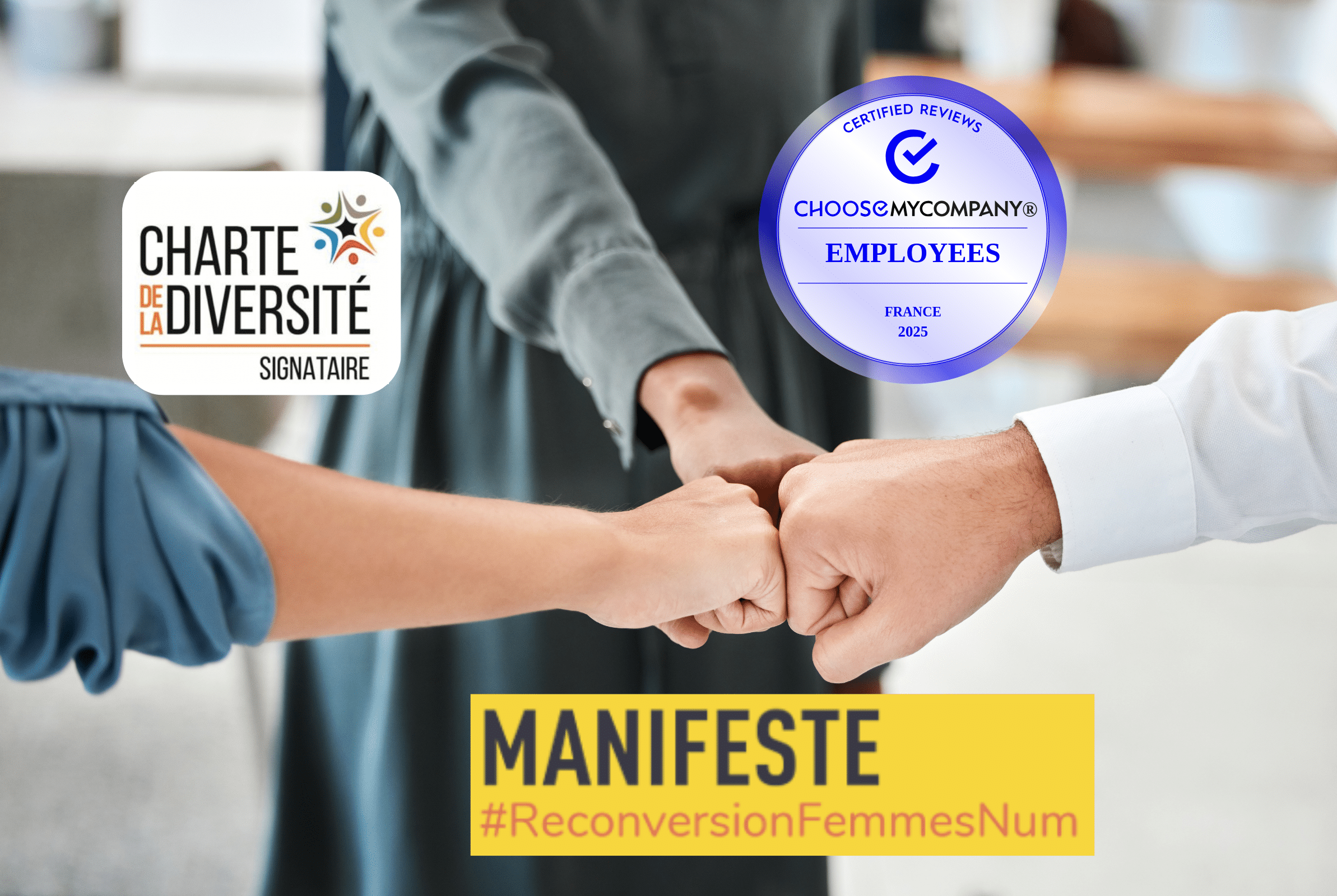 3 poings serrés ensemble montrant la cohésion, entourés des logos : Charte de la diversité, Happy at work et Manifeste